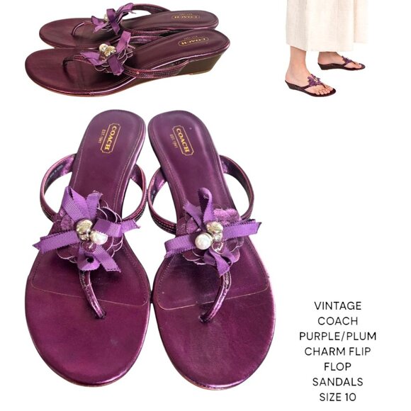 VINTAGE COACH PURPLE/PLUM CHARMS LEATHER FLIP FLOP SANDALS SIZE 9.5-10 - Picture 1 of 5